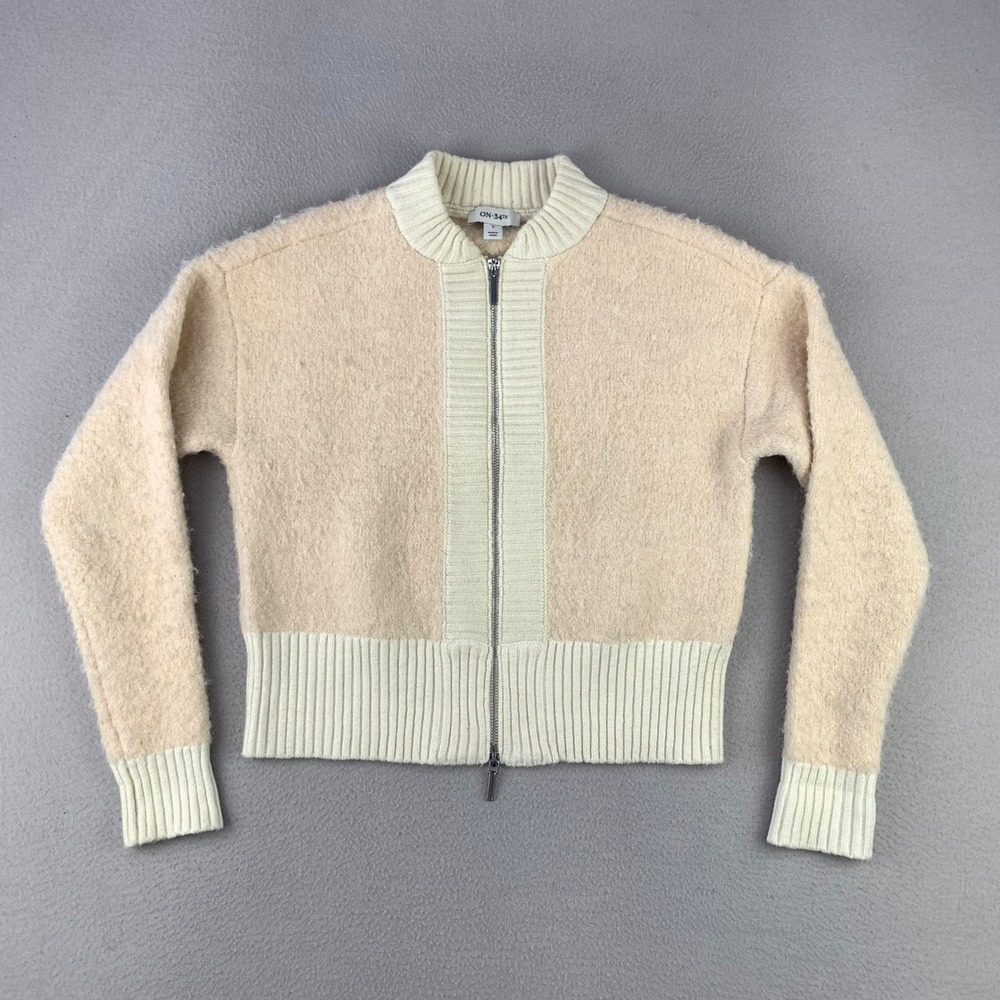 ON-34TH Full Zip Bomber Sweater Women S Beige Wool Blend Ribbed Trim Casual‎